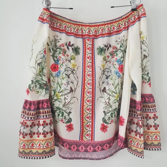 Umgee Floral Off Shoulder Top Blouse Womens Large Boho Peasant Bell Sleeve - Picture 8 of 11